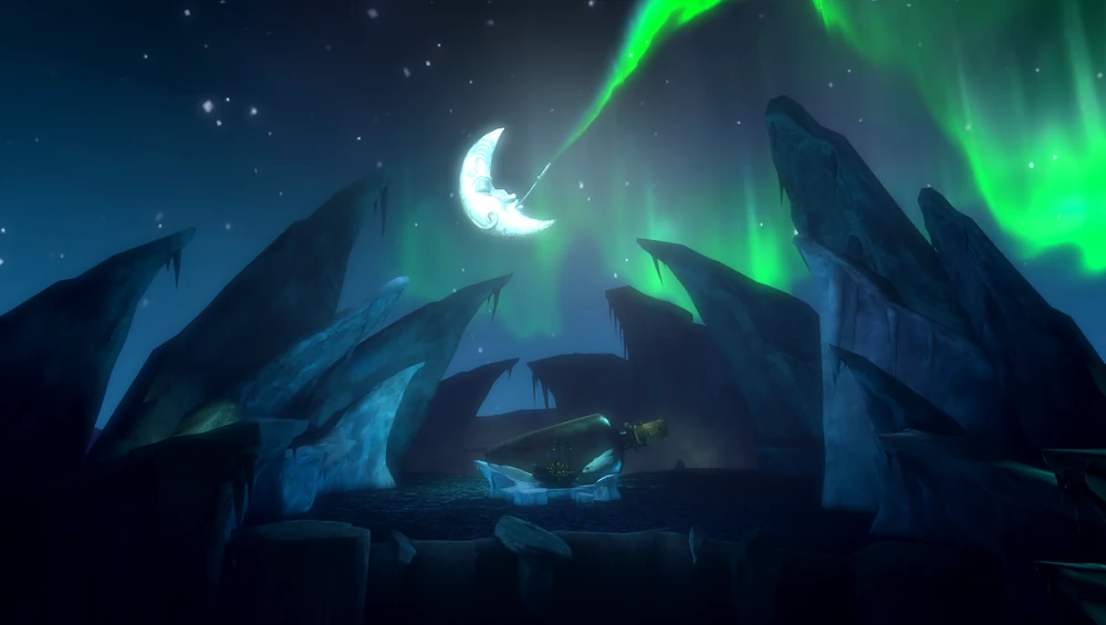Moon above an iceberg and a ship in a bottle
